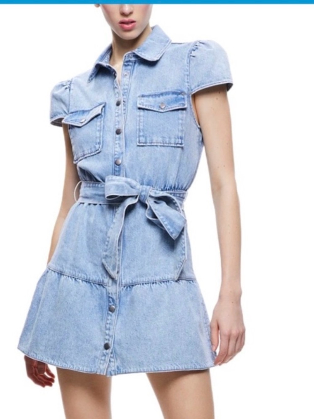Alice + Olivia Light Blue Denim Tie-Waist A-Line Mini Dress-Skirt